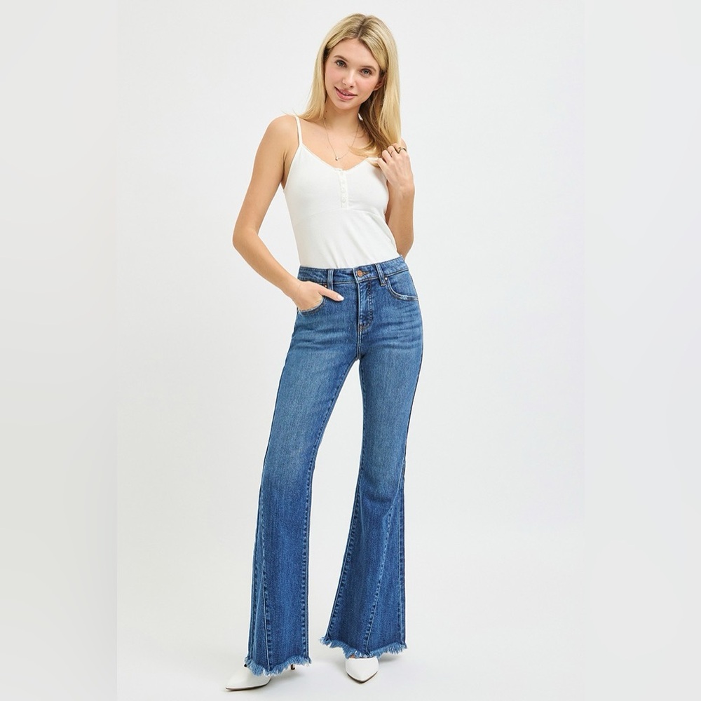 RISEN Mid Rise Flare Jeans 👖 Dark Wash | Side Seam Detail | Retro Flare Denim